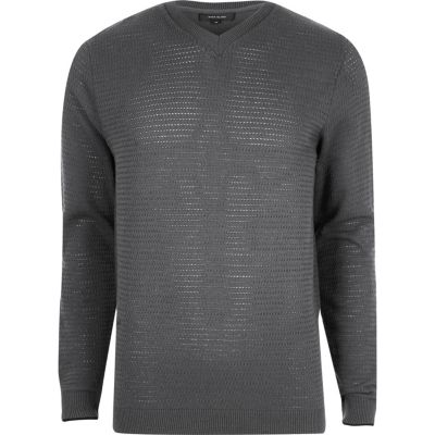 Grey textured knit V neck slim fit jumper